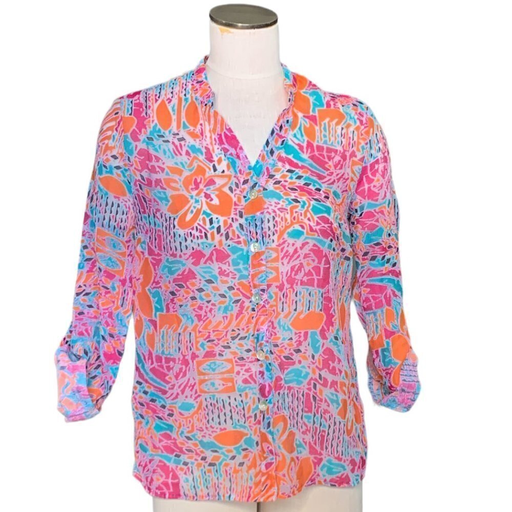 Choices Colorful Mesh-Linen Blend Button Front Ro… - image 1